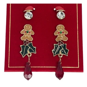 Christmas Earrings Set (3 Piece) Gingerbread Man Santa Xmas Holidays Fashion NWT - Picture 1 of 11