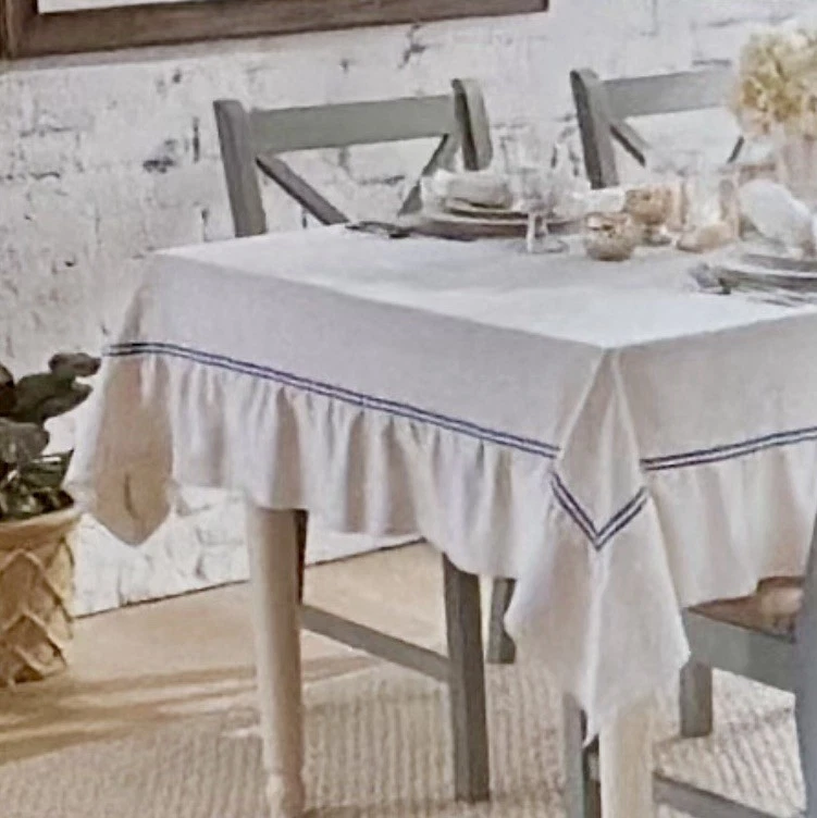 Rachel Ashwell Farmhouse Oblong Tablecloth 60 x 120 Ruffle Cotton Linen Rustic - Image 1 of 4