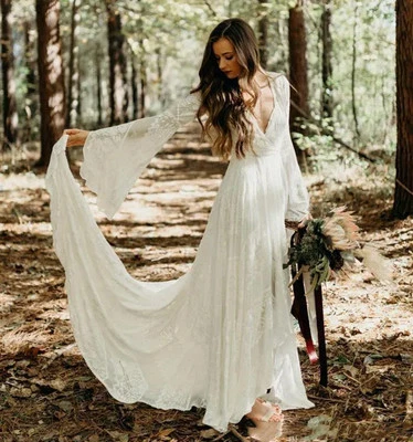 Boho Long Sleeves Lace Wedding Dresses Country Style A-Line Bridal Gowns Train - Image 1 of 4