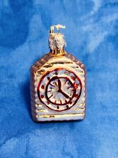 Vintage Poland Two-Sided Blown Glass Clock Christmas Ornament Gold & Red 2.25”