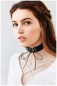 Black Suede String Lace Up Corset Choker Necklace -Women's Party Nightclub Life - Picture 1 of 11