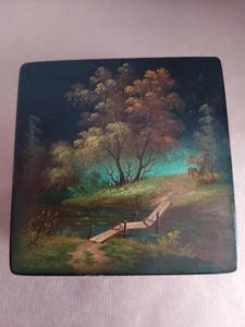 -~Fedoskino-~Sovjetische Schatulle, Lackdose-~Die Alte Bachbrücke-~1987 - Bild 1 von 13