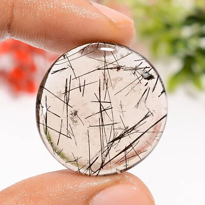 26 Ct. Natural Round Black Rutile Quartz Designer Cabochon Gemstone 25X25X5 mm - Image 1 of 4