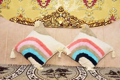 Indian Boho Multi Embroidered Tufted Diamond Pair 2 Hand Made Pillow Cover 20x20 - Image 1 of 4