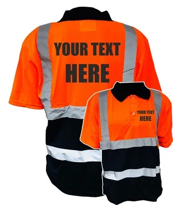BROOK HI VIS CUSTOM PRINTED ORANGE & NAVY HI VIS VIZ POLO SHIRT SAFETY WORKWEAR TOP,