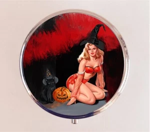 Pinup Witch Pill Box Case Pillbox Holder Trinket Retro Halloween Art - Picture 1 of 3