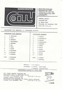 Manchester City Reserves v Sunderland Reserves 1986/7 (4 Dec) Central League - Picture 1 of 1