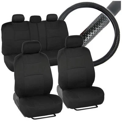 Black Full Set Deluxe Car Seat Covers w/ Rubber Sports Grip Steering Wheel Cover - Image 1 of 4