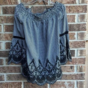City chic off the Shoulder Black/White GinghamTop Lace Hem Sz xs/14 - Bild 1 von 6