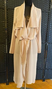 SHEER Stone Taupe Kimono WRAP ROBE Belted Long Size LARGE Made USA Draped Lapels - Picture 1 of 8