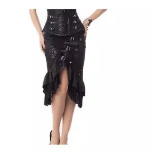 Langer Damenrock Spring Split Punk Schwarz Goth A Line Hüftrock Schnalle Spitzenrock - Bild 1 von 8