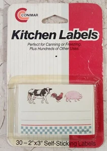 Conimar Vintage 80er selbstklebende Küchenetiketten 30 2" x 3" Kuh Hahn Schwein Neu aus altem Lagerbestand - Bild 1 von 3