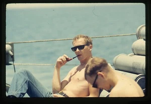 Vietnam War Transparency USN Navy Sailors On Shirtless Smoking Pipe - Picture 1 of 2