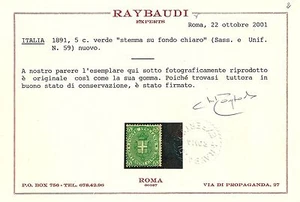 Regno 1891 - Stemma 5 c. verde - Sassone 59 - Certificato - MH - REG023 - Imagen 1 de 2
