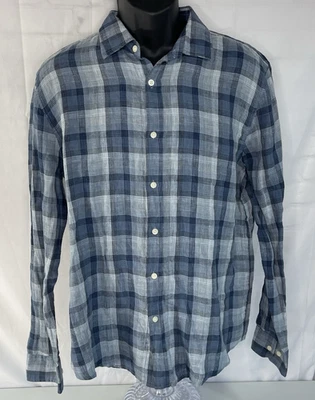 Bloomingdale's Classic-Fit Blue Plaid Linen Long-Sleeve Button Shirt Large NWT - Image 1 of 4