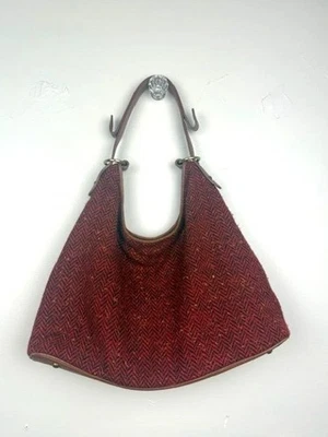J McLaughlin Red Tweed Herringbone and Leather Hobo Shoulder Bag Purse - Image 1 of 4
