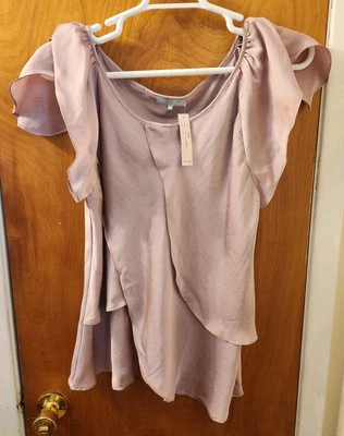VIOLET & CLAIRE Champagne Rose Satin Layered Ruffled Short Sleeve Blouse XL  - Image 1 of 4