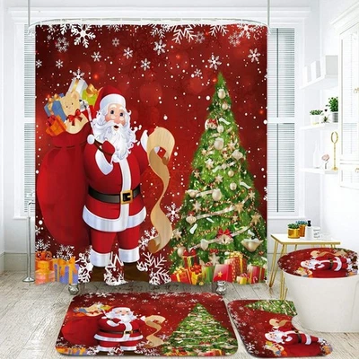 Cortina de ducha roja con diseño de Papá Noel y nieve, alfombra antideslizante — 第 1/4 张图片
