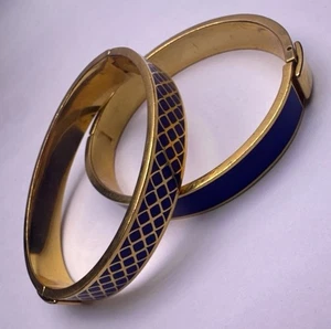 Vintage Asian Bracelet Cloisonné Set Of Two Cobalt Blue Hinged Bangles - Picture 1 of 11