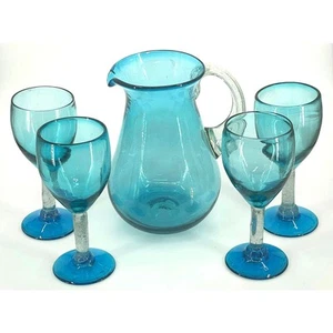 Vintage Hand Blown Aqua Blue Art Glass Pitcher & 4 Water Goblets - Picture 1 of 12