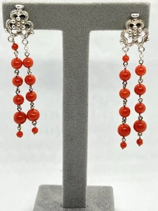 Orecchini In Argento Con Pallini Di Corallo Rosso Mediterraneo Naturale - Foto 1 di 5
