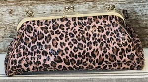 LIZ CLAIBORNE Pink Leopard Leather Handbag Animal Print Clasp Purse Shoulder Bag - Picture 1 of 12