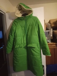 women's thick warm winter coat fleece puffed hooded green jacket size 10 12 smal - Picture 1 of 6
