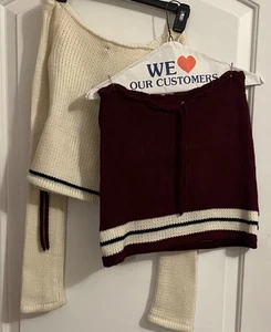 Off The Shoulder Creme & Burgundy Sweater Skirt Set (M) - Picture 1 of 11