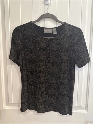 Kathy Ireland Size M Black Gold Floral Short Sleeve Nylon Spandex Shirt - Image 1 of 4