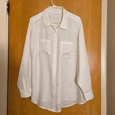 Charter Club 100% 亚麻纽扣衬衫尺寸 1X 白色卷片学院风海岸 — 第 1/4 张图片