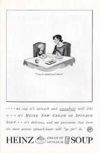 Anuncio estampado vintage 1935 Heinz lata crema de espinacas sopa son espinacas y me gusta - Imagen 1 de 2