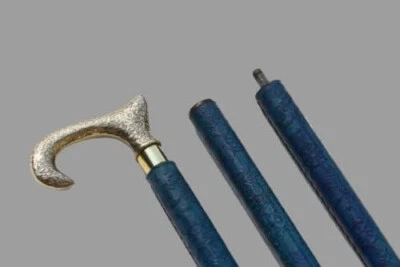 Nautical Antique Brass Walking Stick With Wooden Cane Blue Leather Gift - Imagem 1 de 4