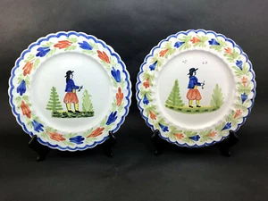 Platos de cerámica antiguos de loza marcados HB Quimper borde de flor bretona 10,5" - Imagen 1 de 6