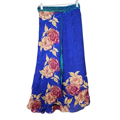 Falda envolvente 100 % seda azul indio reversible vintage para mujer estampado floral talla única Foto 1 de 4