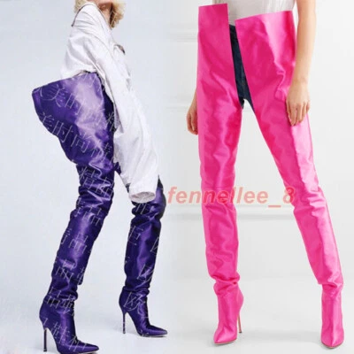 Women Pointed Toe Satin Over The Knee Boots Waist High Long Boots Slip on Runway - Image 1 of 4