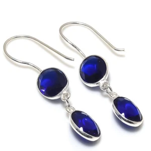 Blue Sapphire Quartz Gemstone Silver Plated Dangle Earrings Jewelry 2" - Picture 1 of 1
