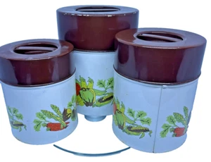 Vintage Retro Tin Set of 3 Canasters. Colourful vegetable graphics Mid Century - Picture 1 of 18