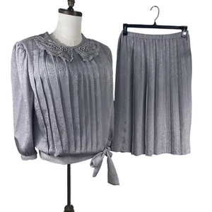Vintage 80s Pleated Satin Blouse Skirt Outfit 10 Gray Puff Sleeve Lace Granny - Picture 1 of 9