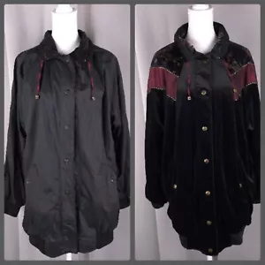 Vintage Womens Jacket Medium Black Nylon Reversible Velour Oversized Stadium - Picture 1 of 24