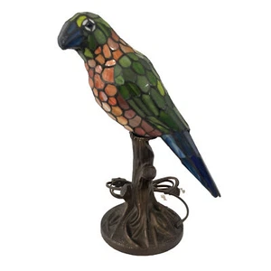 VTG Tiffany Style Stained Glass Parrot Bird Lamp 16 Green Orange Blue Metal Base - Picture 1 of 12
