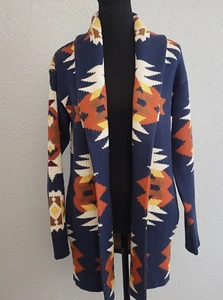 Cardigan Sweater Lucky Brand Womens Small Blue Southwest Shawl Aztec Knit Coat - Picture 1 of 11