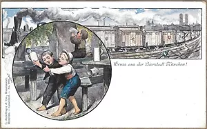 Postal alemana aprox. 1900 JARDÍN DE CERVEZA RR tren CERVESTADT cerveza de Munich postal - Imagen 1 de 2