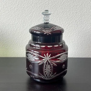Ruby Red Cut to Clear Crystal Biscuit Jar 8" Tall Bohemian Glass Canister - Picture 1 of 6