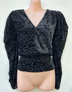 WITCHERY Black Burn Out Velvet Shaped Long Sleeves Waisted Blouse/Top sz 10-12 - Picture 1 of 12