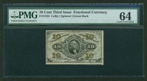 U.S. 1864-69 10 CENTS FRACTIONAL CURRENCY FR-1255 CERTIFIED PMG "CHOICE-64" - Picture 1 of 2