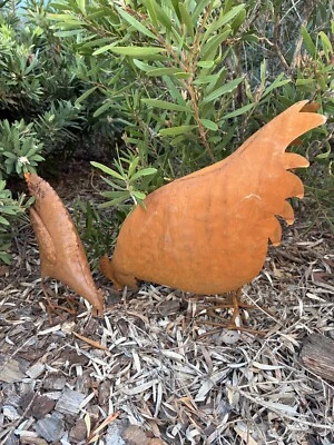 Set x 2 Metal Rust Pecking Chickens Garden Patio Sculptures Shape - image 1 of 4
