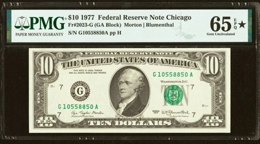 Fr. 2023-F; G $10 1977 Federal Reserve Note. PMG Gem Uncirculated 66 EPQ - Image 1 of 2