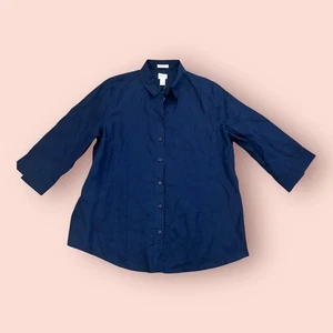 Chico's Shirt Womens Size 2 Large Blue Linen No Iron 3/ Sleeve Button Down NEW - Picture 1 of 7