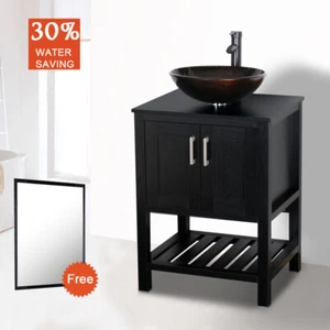 24" Black Bathroom Vanity Set Glass Vessel Sink Mirror Top Table Faucet Combo - Picture 1 of 8