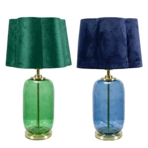 Glass Table Lamp Velvet Scalloped Lampshade Bedroom Living Room Light LED Bulb - Picture 1 of 28